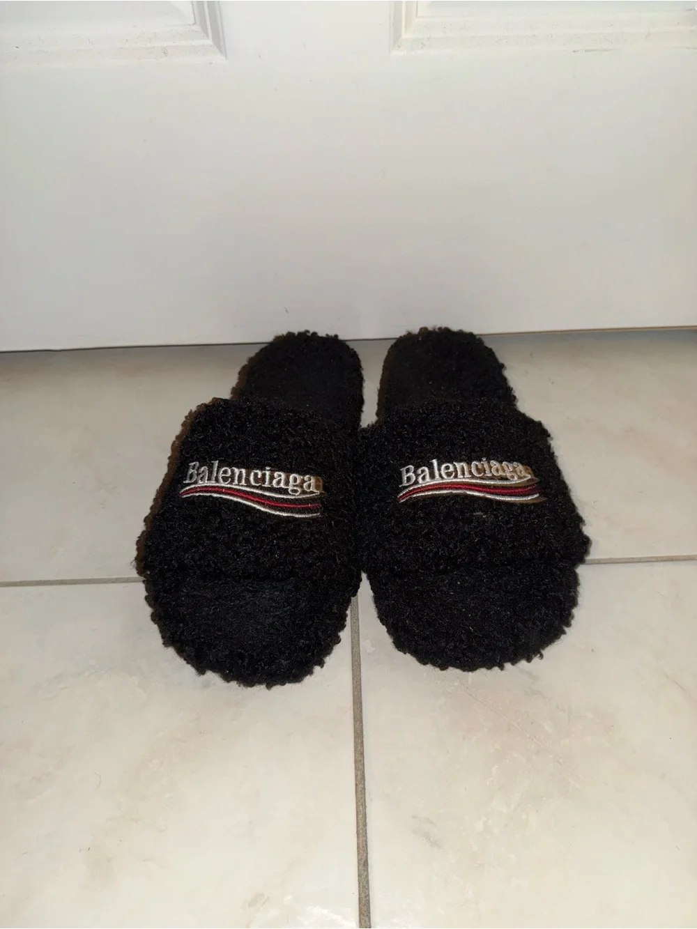 Balenciaga Black Faux-Shearling Logo Slide Slippers